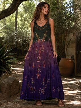 Coconut Sleeveless Embroidered Ombré Maxi Dress Purple Green Boho Festival